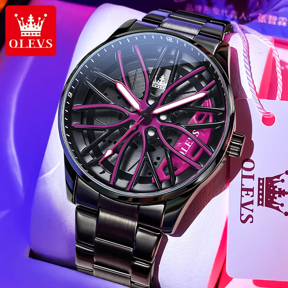 OLEVS 9937 Quartz Watch for Men Fashion 3D Hollow Wheel Rotary Dial Black Stainless Steel Waterproof Luminous Sports Wristwatch