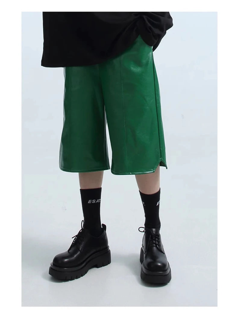 Mauroicardi Spring Summer Loose Casual Soft Black Pu Leather Shorts for Men Mens Elastic Waist Short Straight Pants Clothes 2023