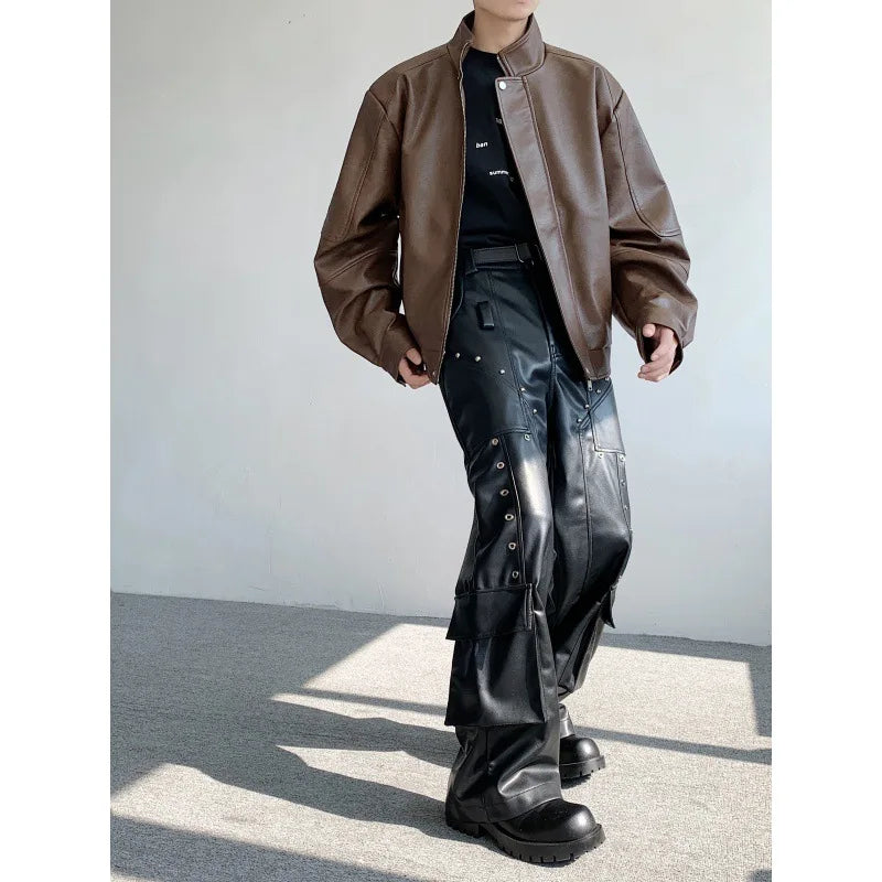 Men's Faux Leather Cargo Pants With Rivet, Y2K  Streetwear Black  Wide-leg Trousers, Autumn/Winter Gothic Mans Baggy Pants