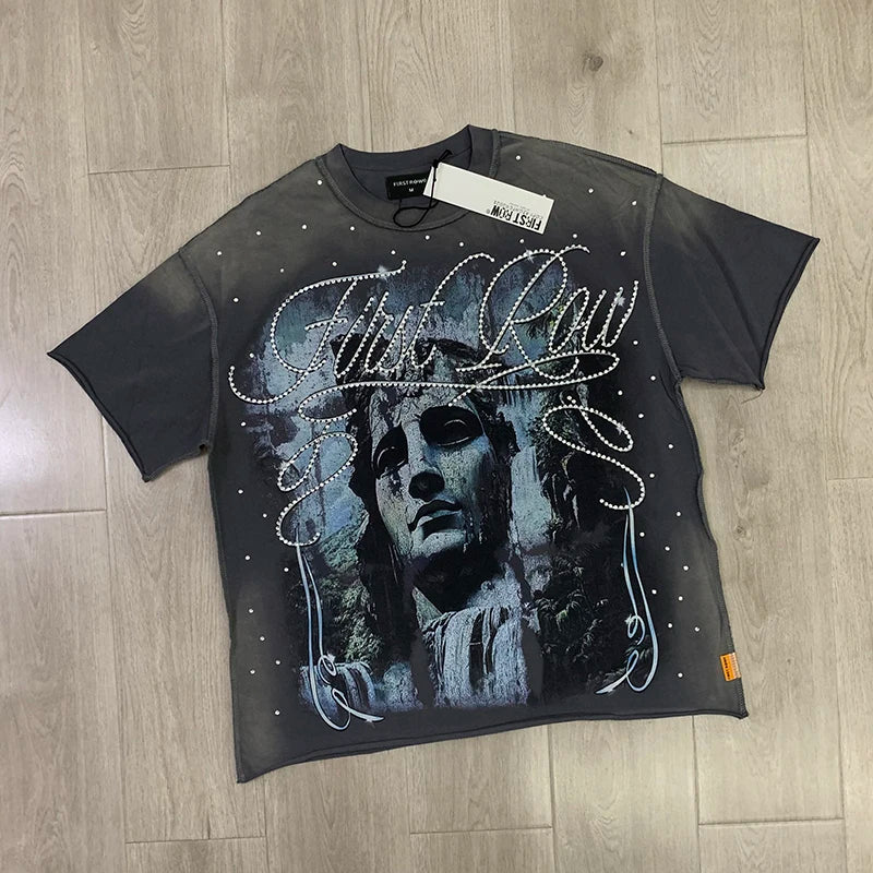 Casual FIRST ROW T-Shirts Washed  Street Fashion American Style Hot Drill Letters Mens Womens High Quality Short Sleeves Tee