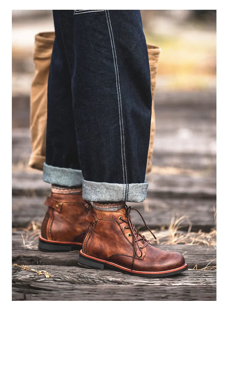 Handmade Leather Men Boots Retro Round Toe Ankle Boots for Men  Luxury Punk Street Style Mens Motorcycle Boots botas para hombre