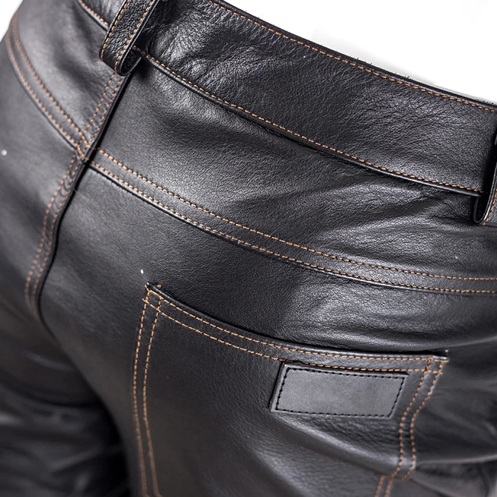Genuine Real cow leather pant Men's motorcycle leather trousers кожаные штаны leather pants for men pantalon cuir homme