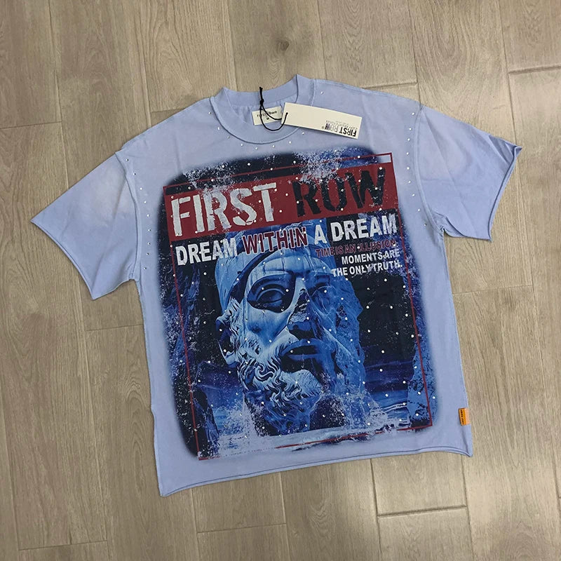 Casual FIRST ROW T-Shirts Washed  Street Fashion American Style Hot Drill Letters Mens Womens High Quality Short Sleeves Tee
