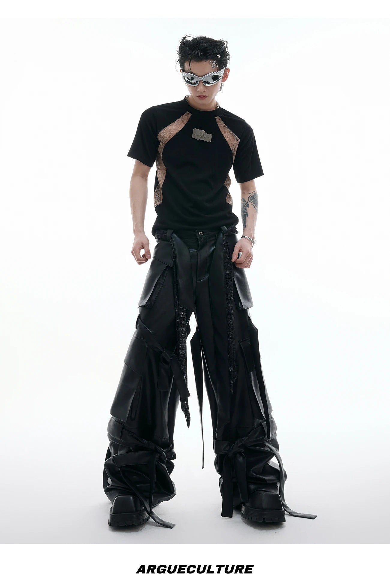 Mauroicardi Autumn Cool Long Baggy Black Pu Leather Wide Leg Cargo Pants Men Many Pockets Luxury Designer Emo Clothes Streetwear