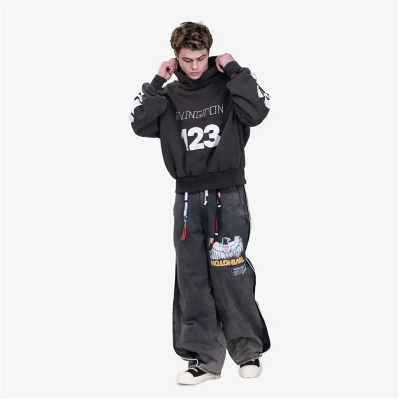 Heavyweight Fabric RRR123 Digital Embroidery Hooded Sweatshirt Washed Black Oversized Men Women Premium Quality Hoodie