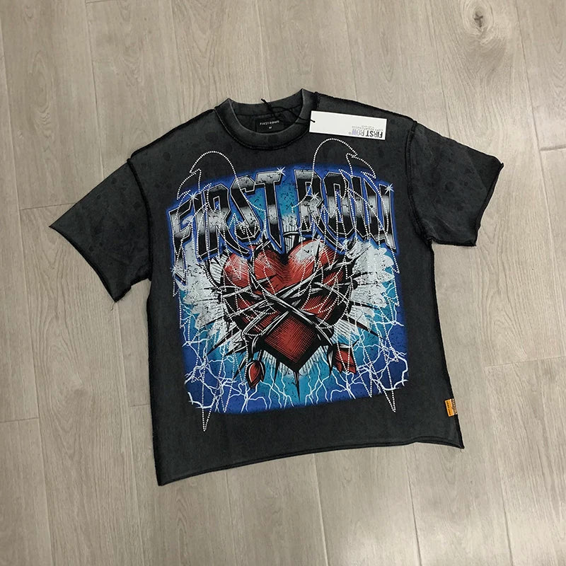 Casual FIRST ROW T-Shirts Washed  Street Fashion American Style Hot Drill Letters Mens Womens High Quality Short Sleeves Tee