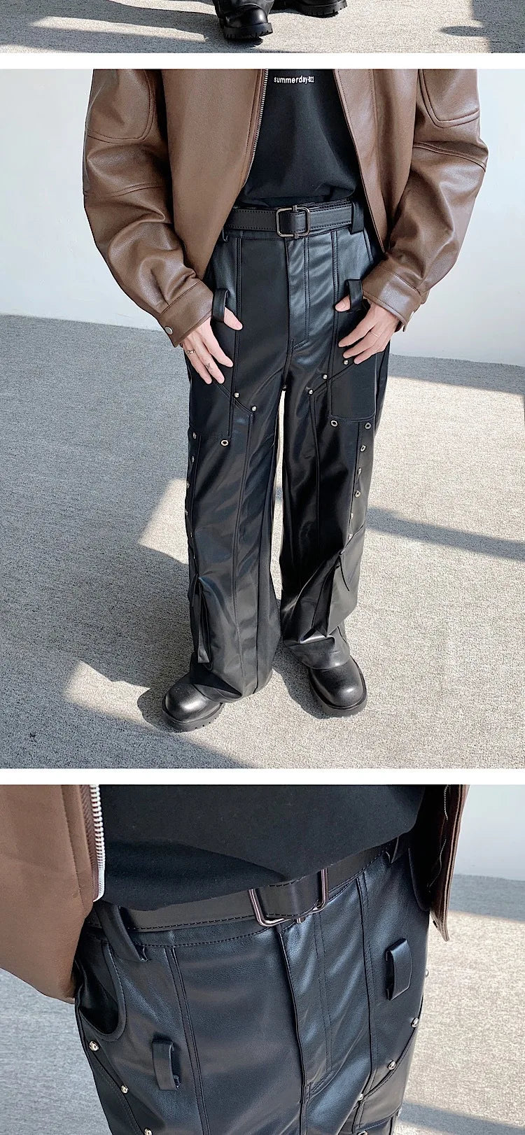 Men's Faux Leather Cargo Pants With Rivet, Y2K  Streetwear Black  Wide-leg Trousers, Autumn/Winter Gothic Mans Baggy Pants
