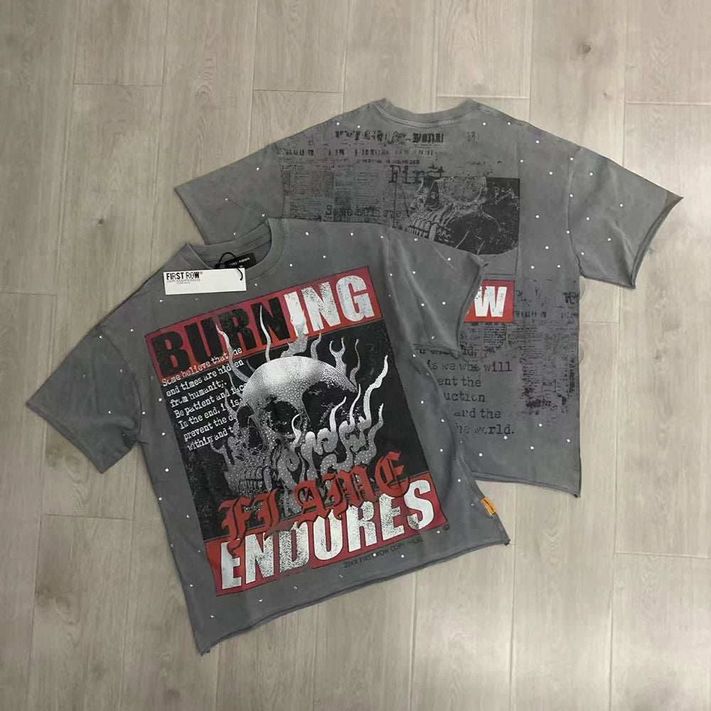 Streetwear Vintage Washed Diamond Cropped Tee for Men Crew Neck Short Sleeve Loose Cotton Rhineston Tshirts Oversized
