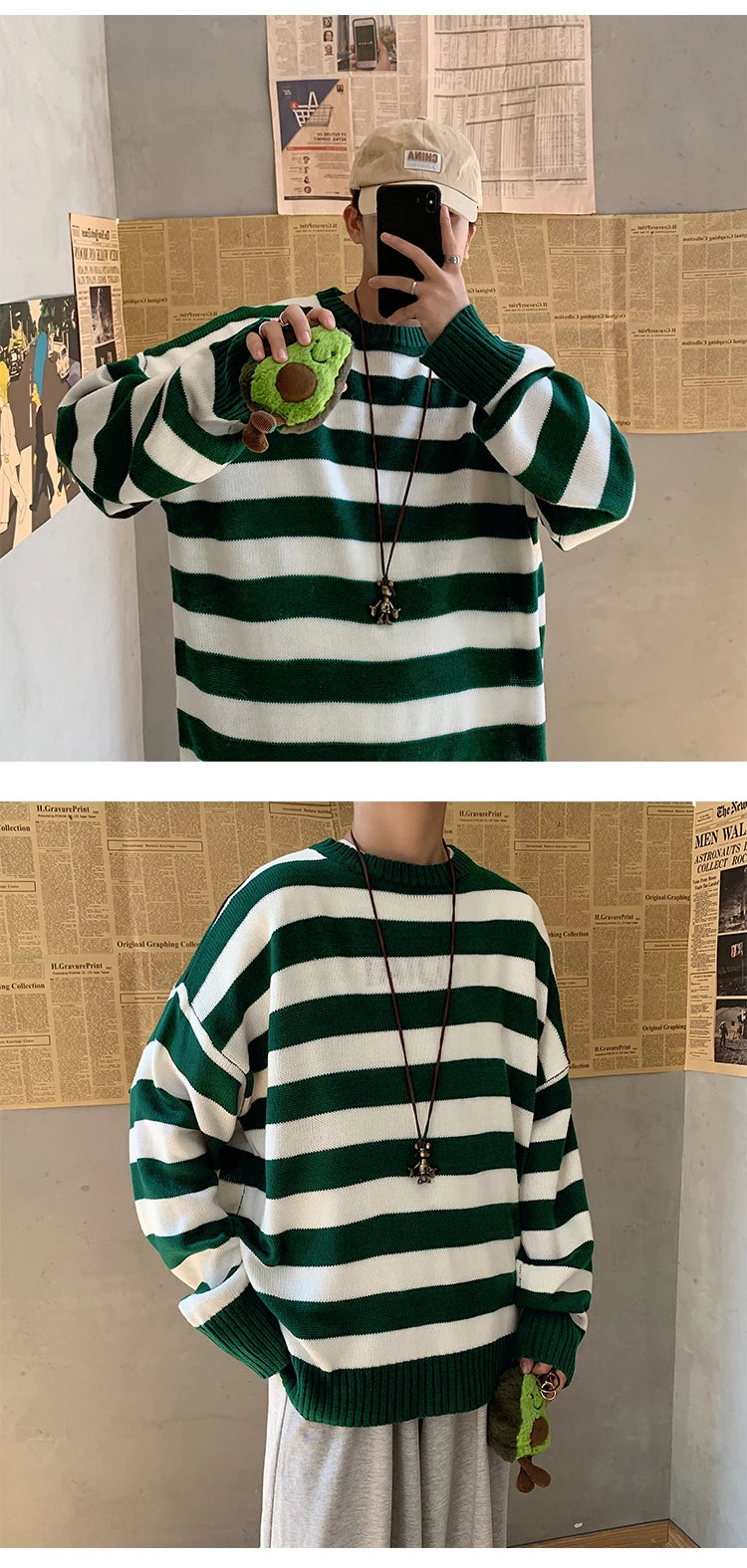 Classic Vintage Striped Sweater Men's Casual Japanese Trendy Red White Pullover Loose Round Neck Couple's Jumper Street Kintwear