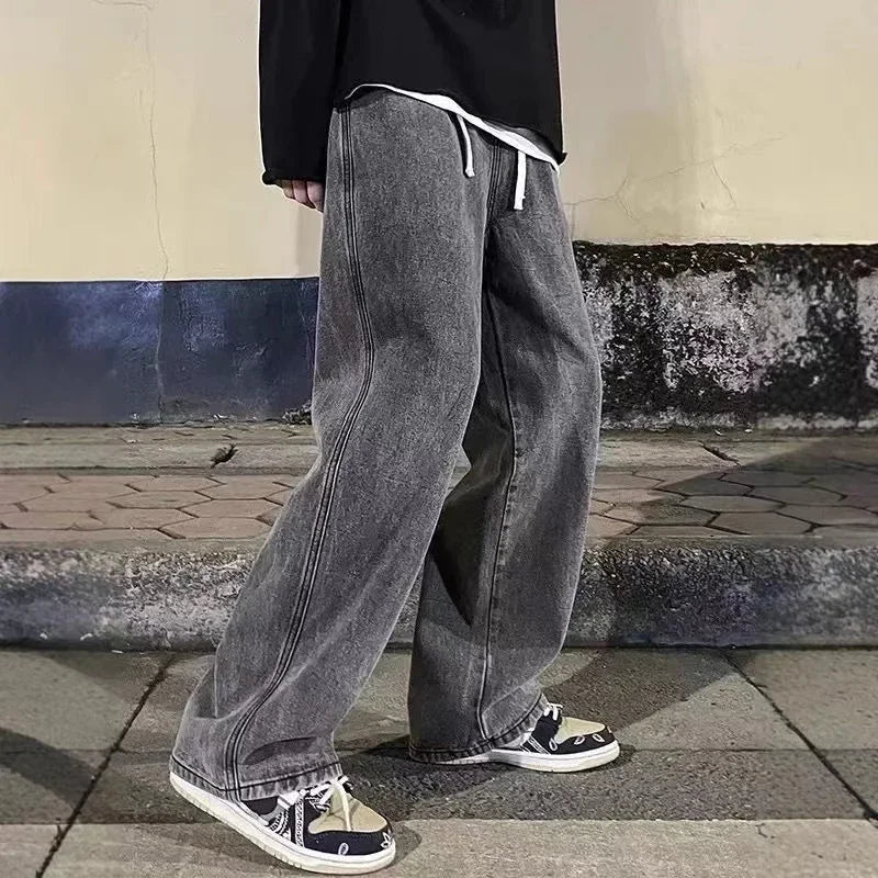 Fashion Men's Solid Color Drape Jeans Loose Straight Korean Vintage High Street Hip-hop Casual Daily Dragging Wide-leg Pants