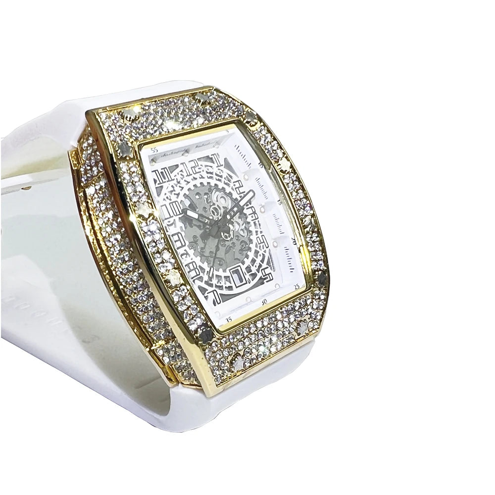 MISSFOX Men Big Face Watch Fashion Tonneau Quartz Diamond Wristwatches Luxry White Rubber Band Creative Relogio Men For Gift ﻿