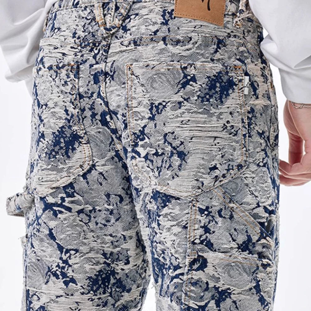 Men Jeans Jacquard Washed Cargo Casual Straight Pants Streetwear Fashion Hip Hop Retro Trend Trousers Male Men'S Clothing 2024