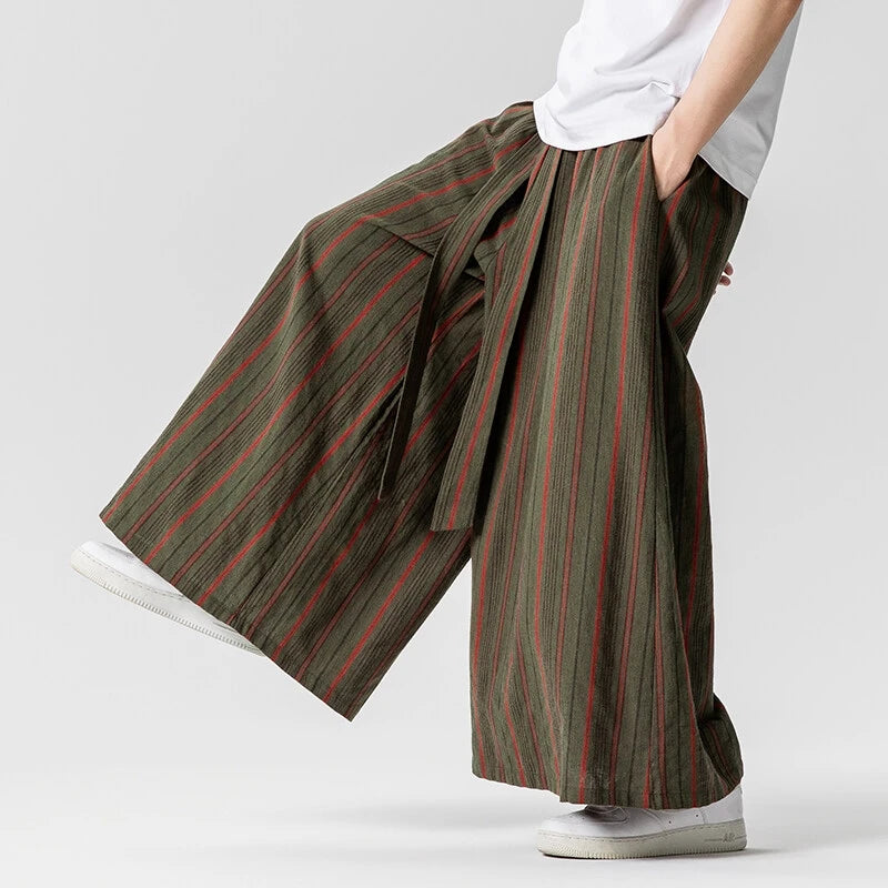 Striped Pants Men's Cotton Linen Comfortable Breathable Wide Leg Trousers Kimono Japanese Samurai Casual Loose Fashion Pants Men