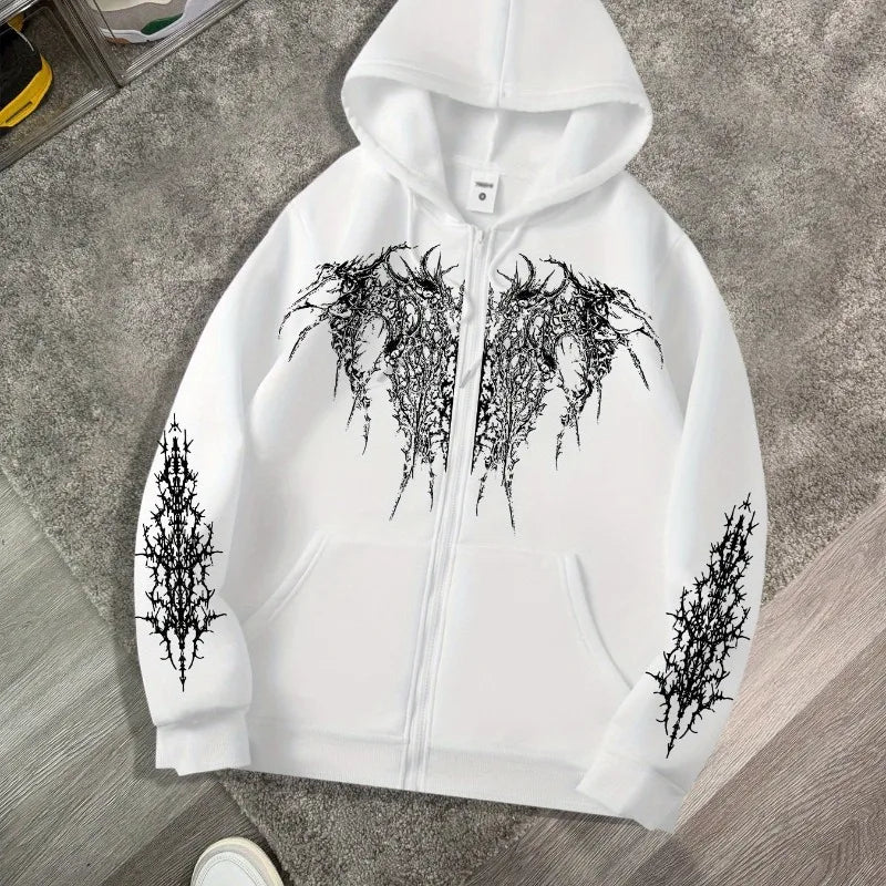 Men's Gothic Dark Print Zipper Hooded Casual Sports Sweatshirt Zipper Jacket Autumn and Winter New Casual Retro Street Style Top