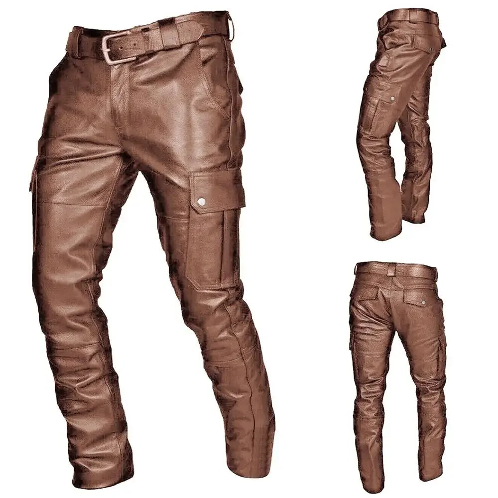 Fashion Faux Leather Pants Men Casual Streetwear Biker PU Pants Motorcycle Multi-Pocket Trousers Spring Autumn Waterproof Pants