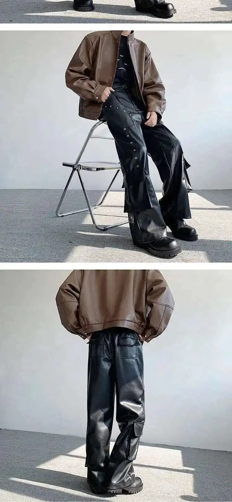 IEFB Spring Men's Leather Trousers Rivet Niche Design PU Casual Pants Solid Color Wide Leg Male Streetwear Niche Design 24X3131