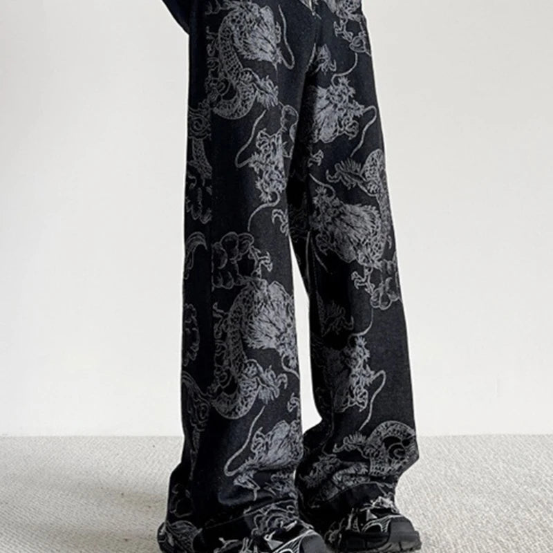 Chinese Style National Trend Design Dragon Pattern Jeans Men Women Korean Version New Retro Straight Loose Casual Pants Male