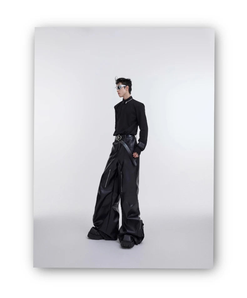 Mauroicardi Autumn Long Black Baggy Pu Leather Wide Leg Cargo Pants for Men Three-dimensional Pockets Luxury Designer Clothes