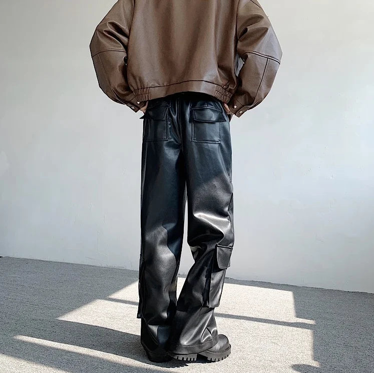 Men's Faux Leather Cargo Pants With Rivet, Y2K  Streetwear Black  Wide-leg Trousers, Autumn/Winter Gothic Mans Baggy Pants
