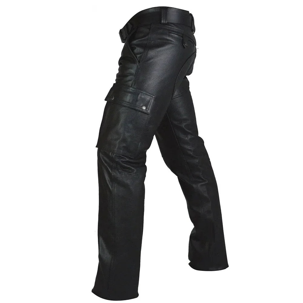 Fashion Faux Leather Pants Men Casual Streetwear Biker PU Pants Motorcycle Multi-Pocket Trousers Spring Autumn Waterproof Pants