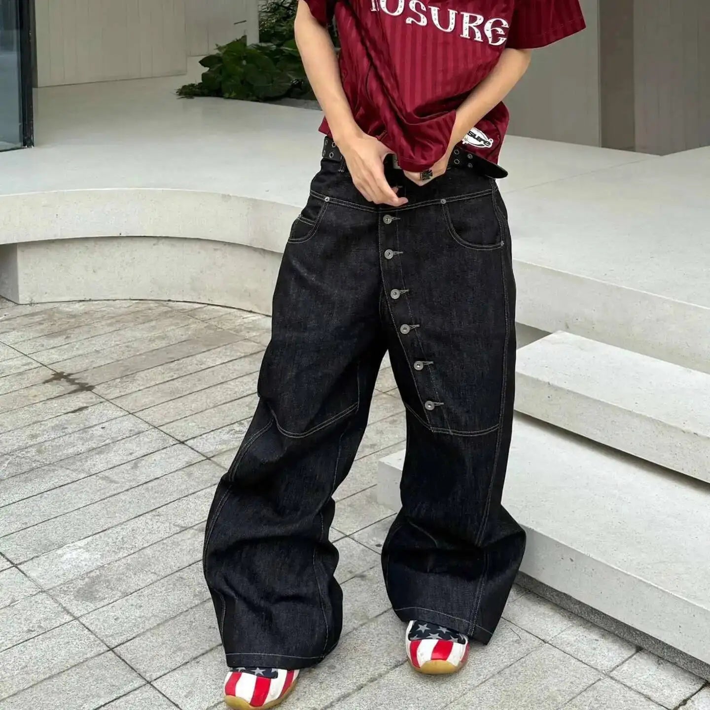 PFNW American High Street Curved Long Button Scimitar Men's Jeans Summer Loose Wide-Leg Pants Trendy Male Trousers 28W8103
