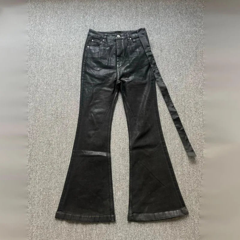 HKSH Spring Autumn Men Dark RO Style Niche Dark Wax Coated High Elastic Ribbon Jeans Wide Leg Flared Denim Pants Trendy HK18686