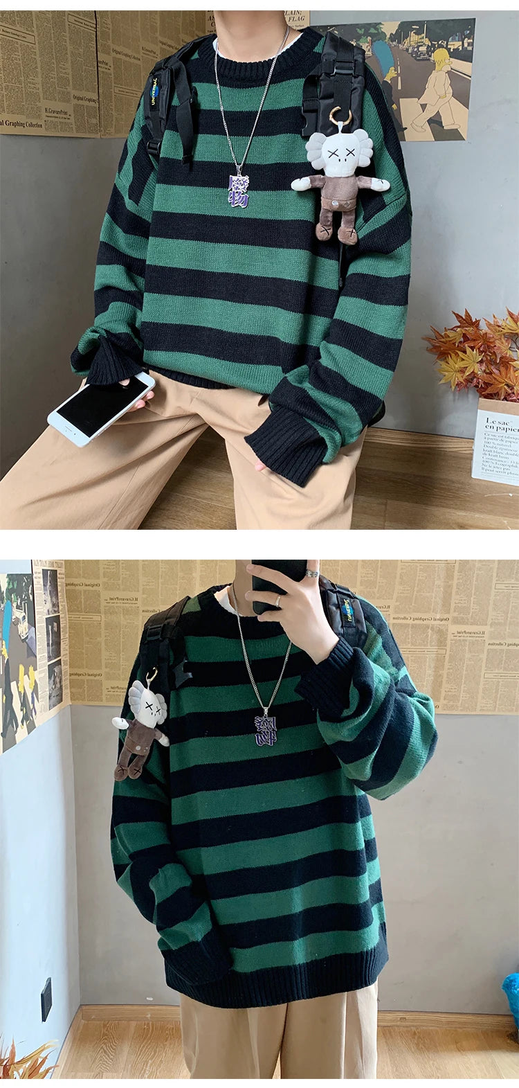 Classic Vintage Striped Sweater Men's Casual Japanese Trendy Red White Pullover Loose Round Neck Couple's Jumper Street Kintwear