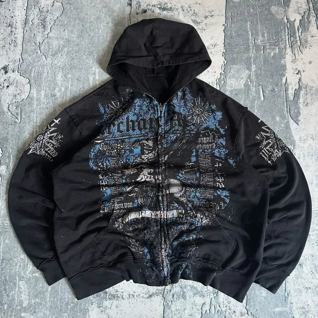 Ecko Dark Gothic Skull Eye Print Hoodie Men Women Streetwear Punk Oversize Black Sweatshirt Distressed Artistic Casual Pullover