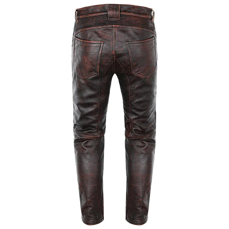 New Motorcycle Genuine Leather Pant Men's Thick Cowhide Vintage Brown Trousers For Men High Quality Moto Biker Slim Pants