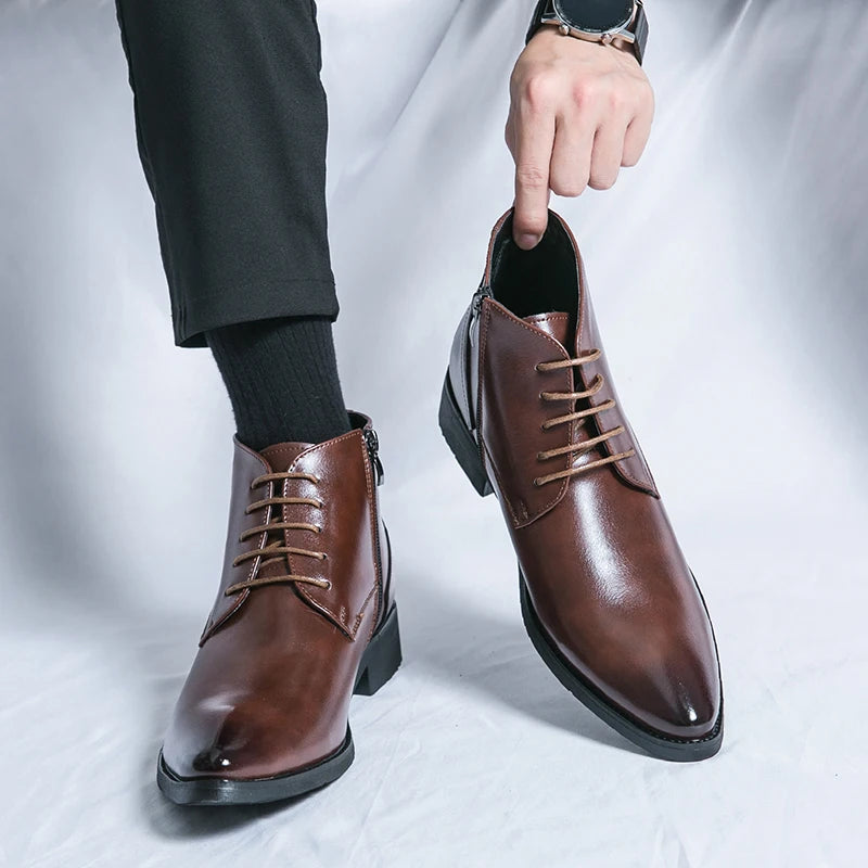 Leather Boots Men Zip Lace-up High Top British Versatile Men Fashion Business Dress Social Boots Mens Platform Casual Men Boots