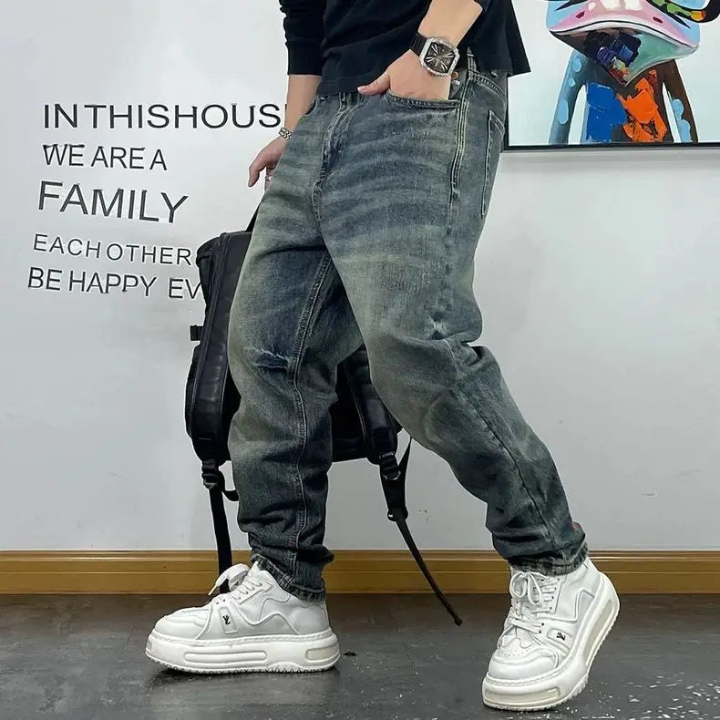 Fashion Brand Retro Washed Pure Cotton Jeans for Men Loose Small Right Angle Personalized Embroidery Versatile Casual Pants