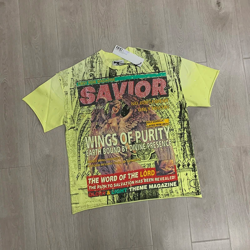 Casual FIRST ROW T-Shirts Washed  Street Fashion American Style Hot Drill Letters Mens Womens High Quality Short Sleeves Tee