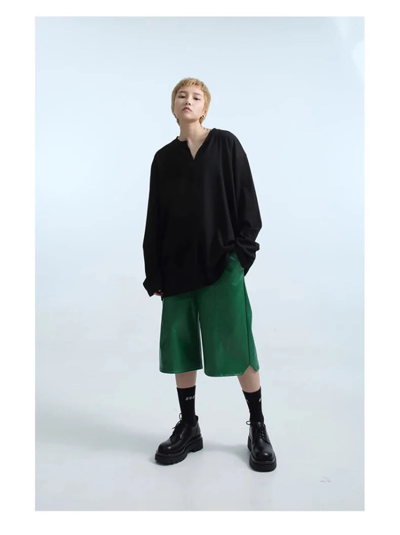 Mauroicardi Spring Summer Loose Casual Soft Black Pu Leather Shorts for Men Mens Elastic Waist Short Straight Pants Clothes 2023