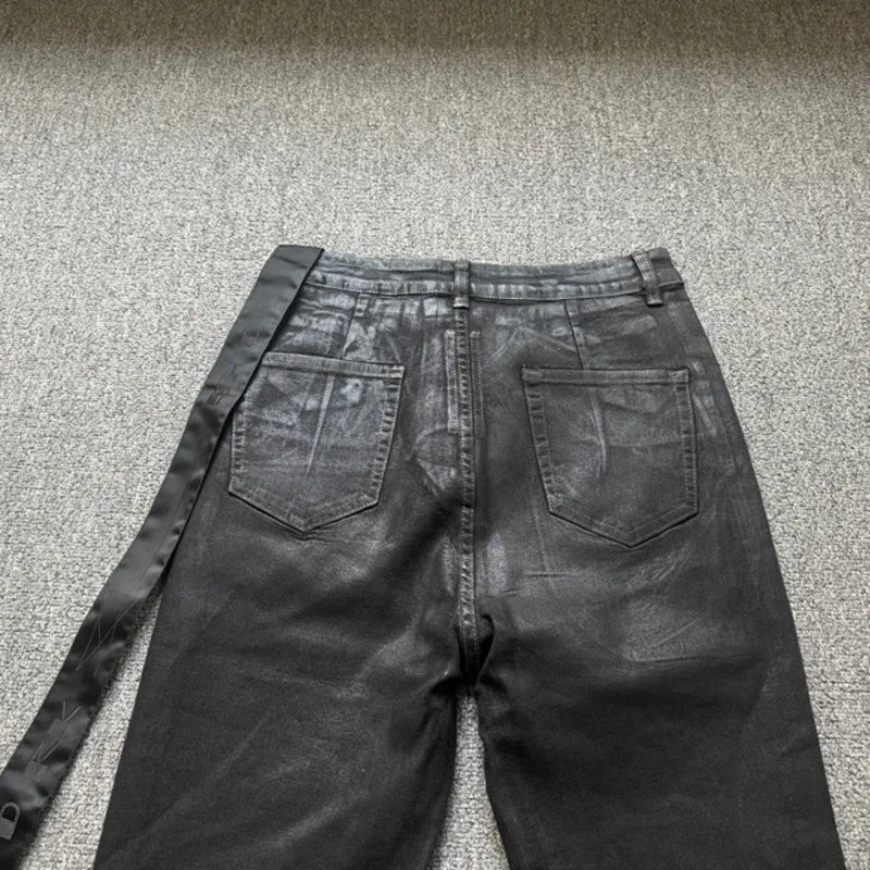 HKSH Spring Autumn Men Dark RO Style Niche Dark Wax Coated High Elastic Ribbon Jeans Wide Leg Flared Denim Pants Trendy HK18686