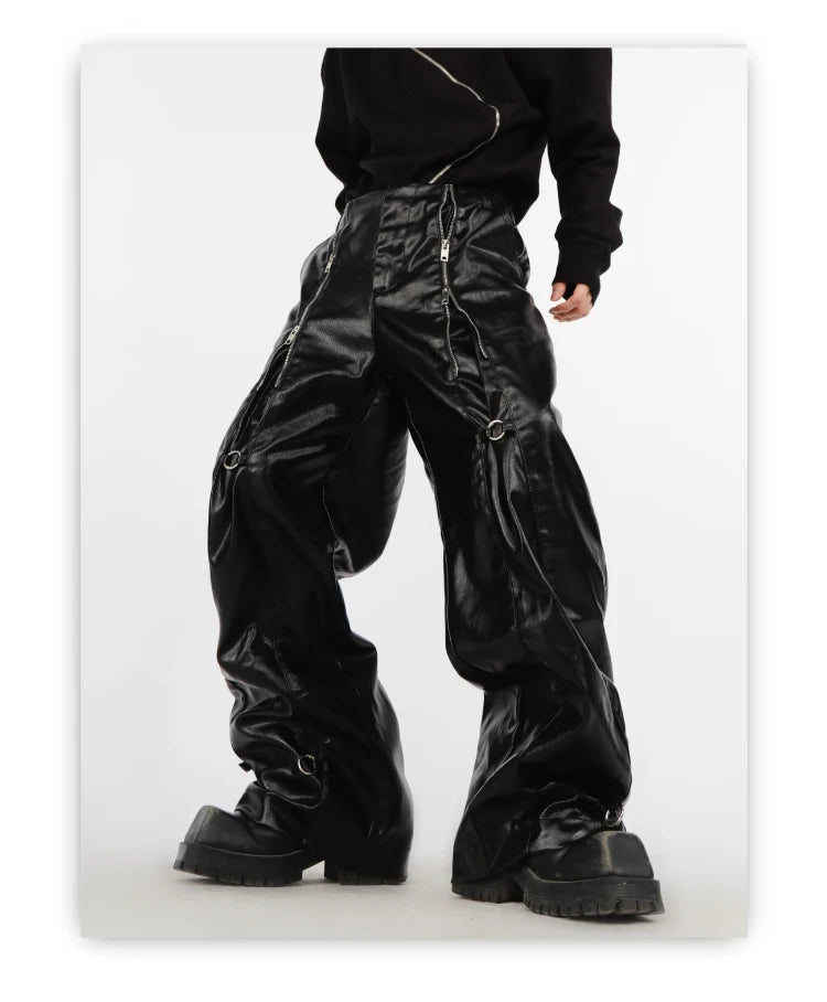 Mauroicardi Spring Autumn Cool Long Loose Casual Soft Black Silver Pu Leather Pants Men with Many Zippers Trousers Fashions 2023