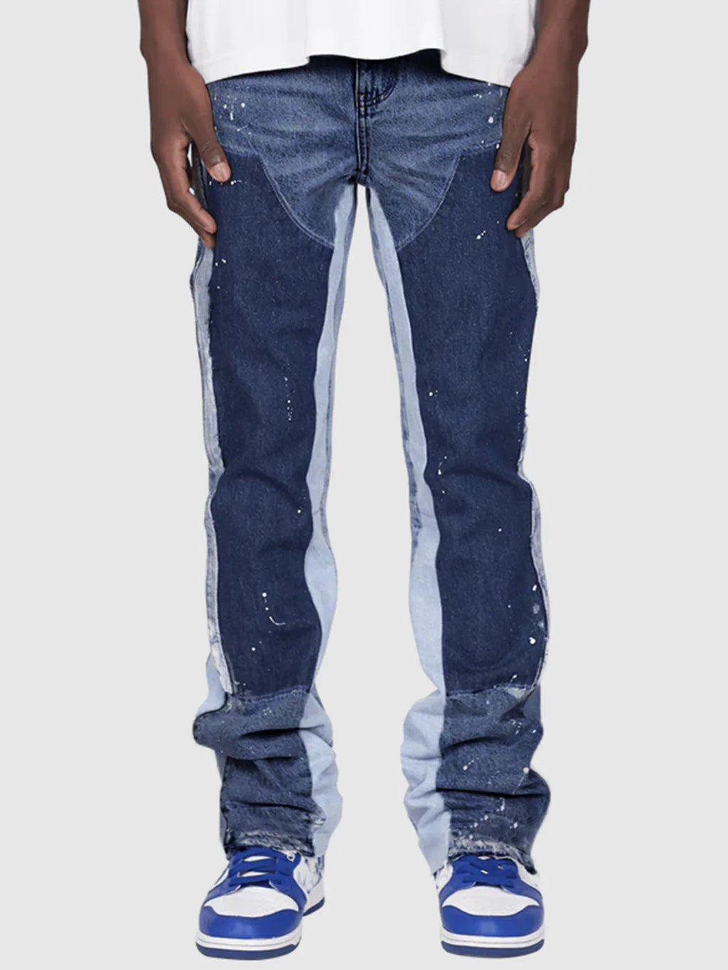Men's Denim Work Pants workwear, Elastic Patch Denim Layered Flared Pants, Spring New Style