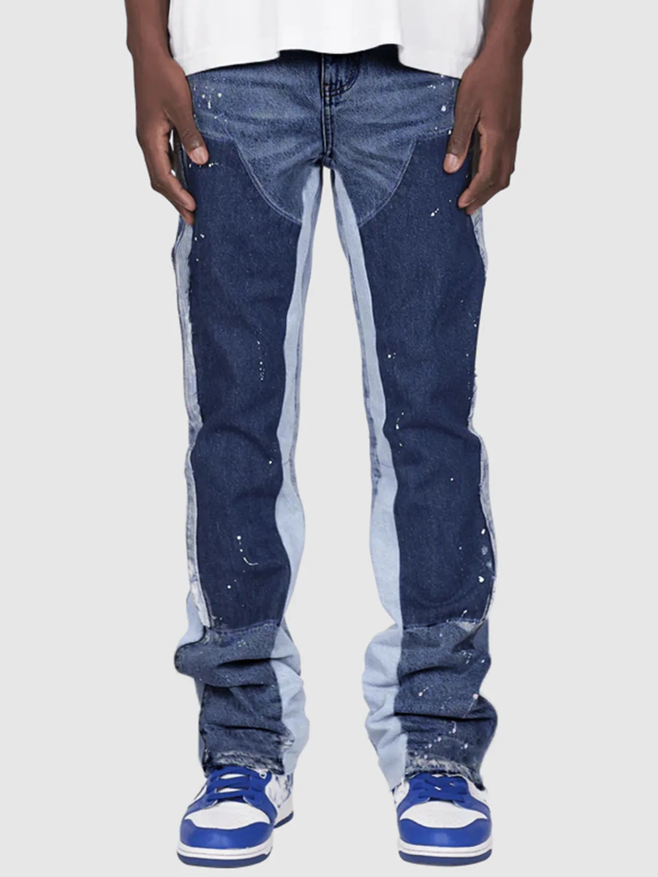 Men's Denim Work Pants workwear, Elastic Patch Denim Layered Flared Pants, Spring New Style
