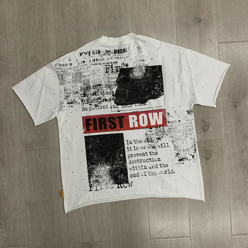 Streetwear Vintage Washed Diamond Cropped Tee for Men Crew Neck Short Sleeve Loose Cotton Rhineston Tshirts Oversized