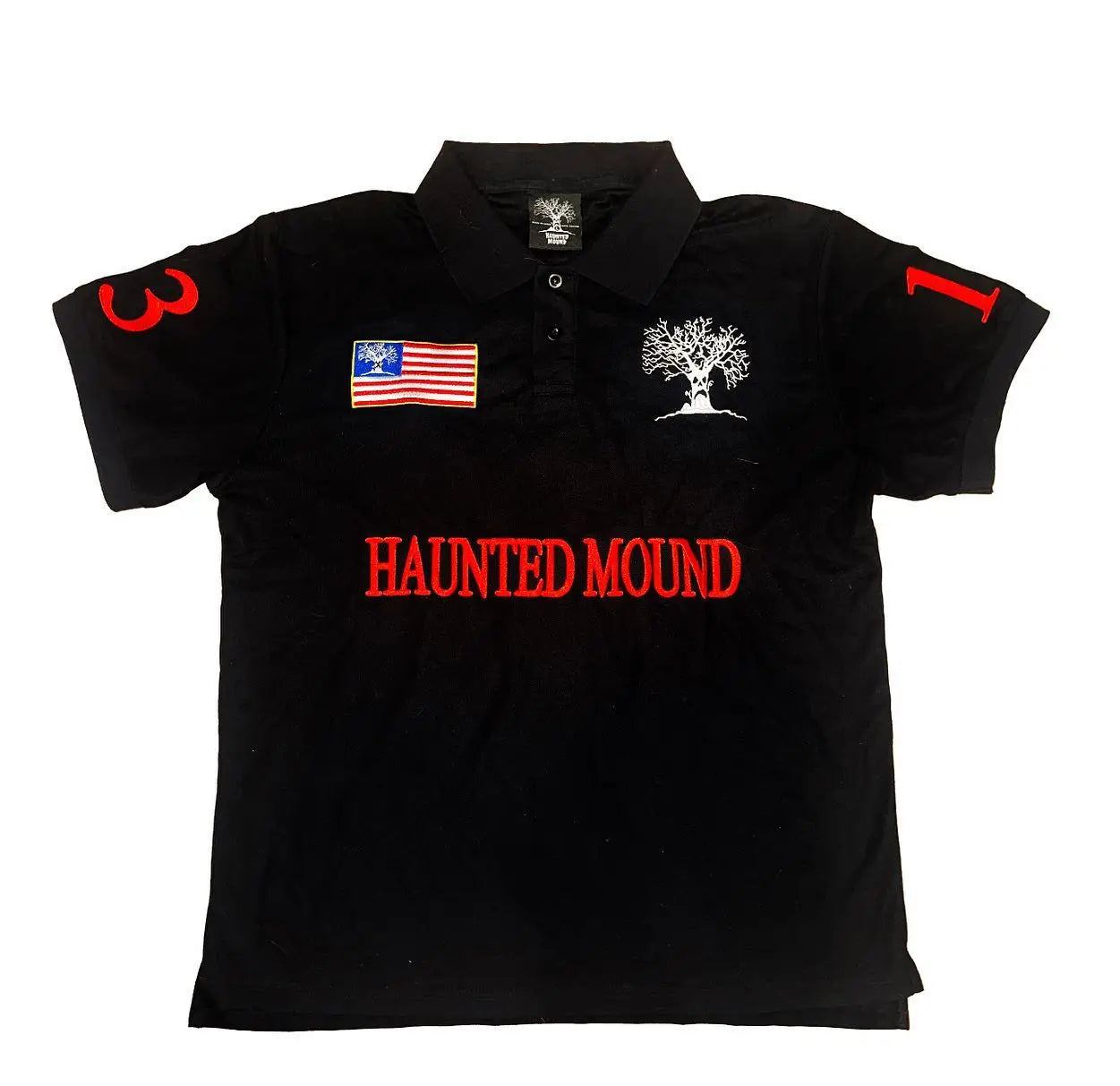 Haunted Mound America Long Sleeve Polo Shirt Y2k Casual Retro Patchwork Pattern Embroidery T Shirts Street Sweatshirt Jersey Men