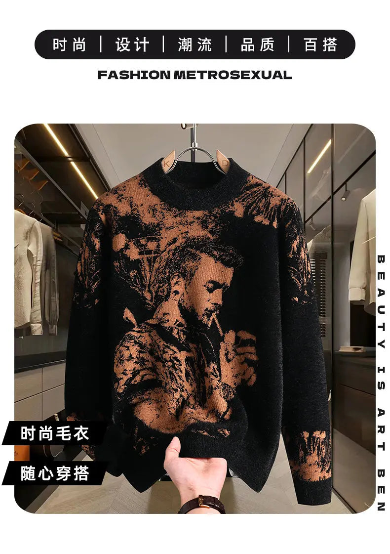 Retro Men's Printed Slim Knit Sweater for Men's Base, 2025 Brand Premium Tops, High-quality Men's Plus Size Warm Sweater