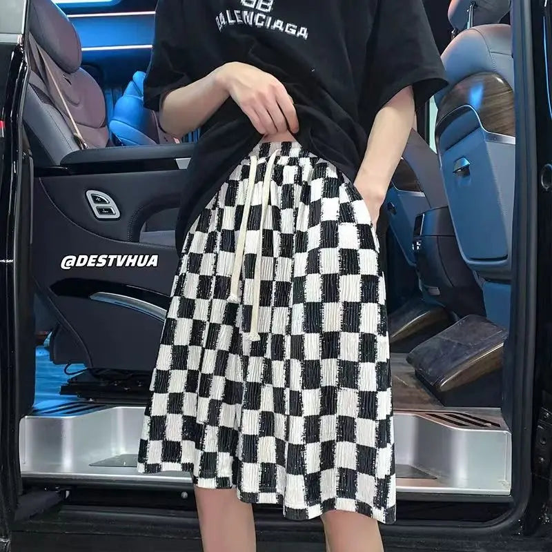 Men's New Style Breathable Straight Loose Casual Five-point Chessboard Ice Silk Shorts