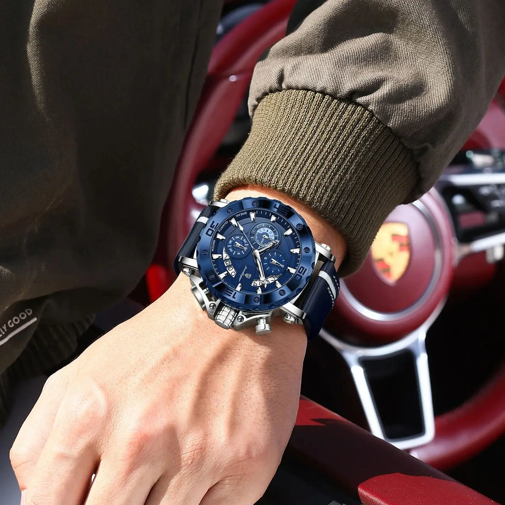 POEDAGAR Sports Watches For Man Waterproof Luminous Date Male Clock Chronograph Leather Quartz Functional Men's Wristwatch Reloj