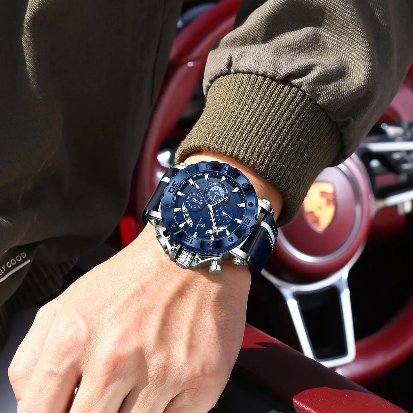 POEDAGAR Sports Watches For Man Waterproof Luminous Date Male Clock Chronograph Leather Quartz Functional Men's Wristwatch Reloj