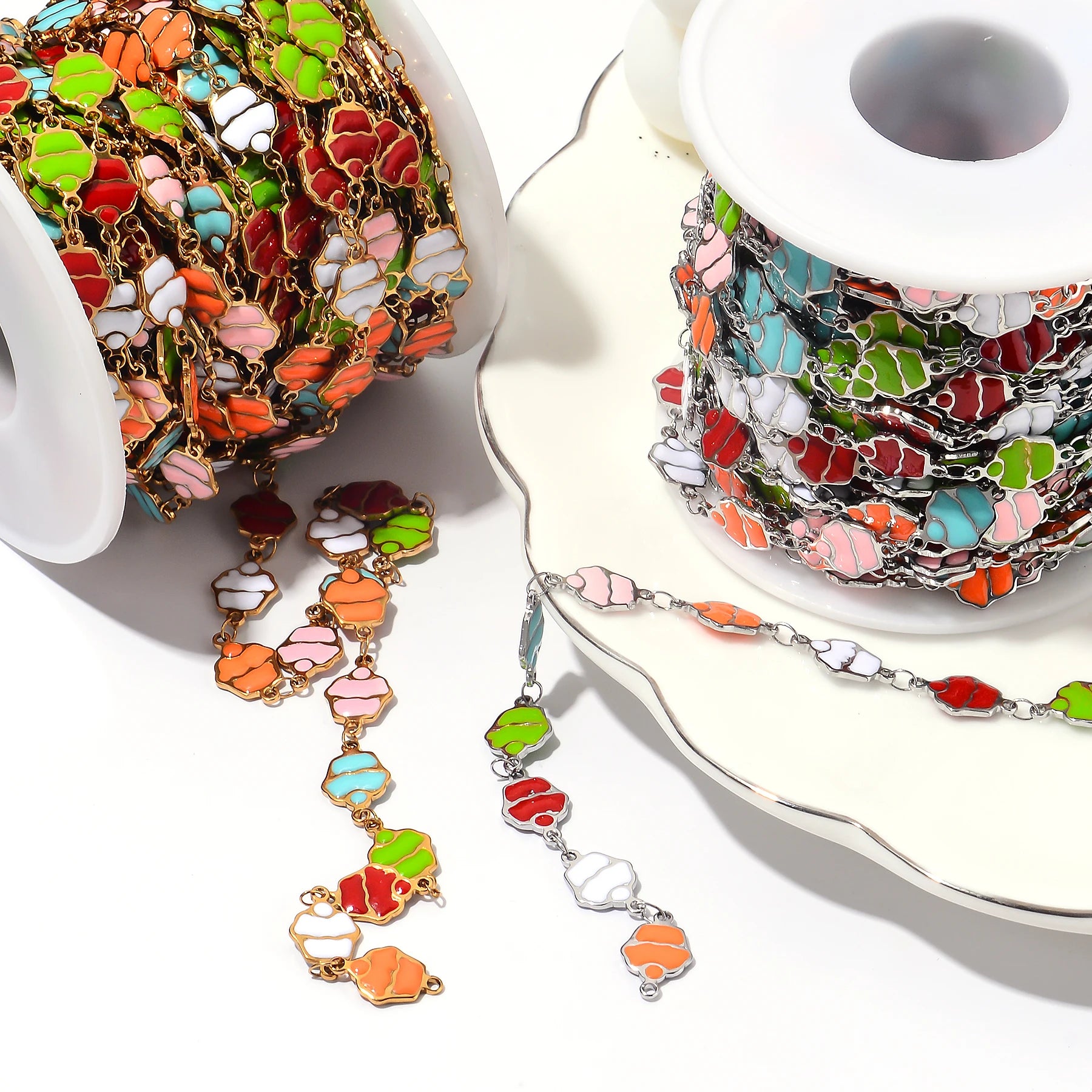 Wholesale 1M Stainless Steel Enamel Cake Chain Colorful Gold Handmade Chains for Women Bracelet Necklaces Jewelry Making Crafts