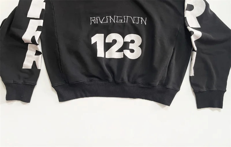 Heavyweight Fabric RRR123 Digital Embroidery Hooded Sweatshirt Washed Black Oversized Men Women Premium Quality Hoodie