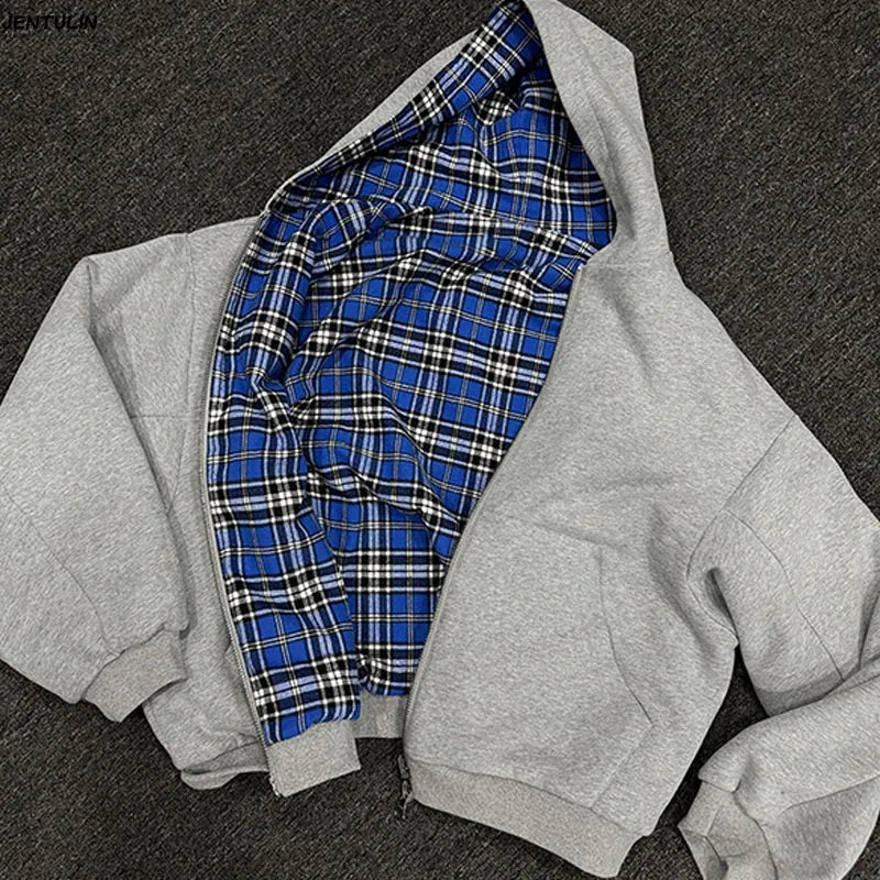 American Double-Sided Plaid Loose Zipper Hoodie Men Y2K New Harajuku Hip-Hop Gothic Couple Casual Joker Sweatshirt Street Wear