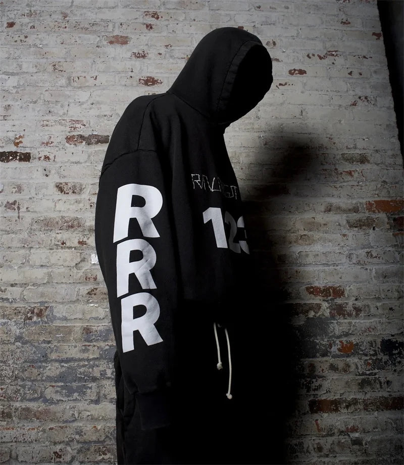 Heavyweight Fabric RRR123 Digital Embroidery Hooded Sweatshirt Washed Black Oversized Men Women Premium Quality Hoodie
