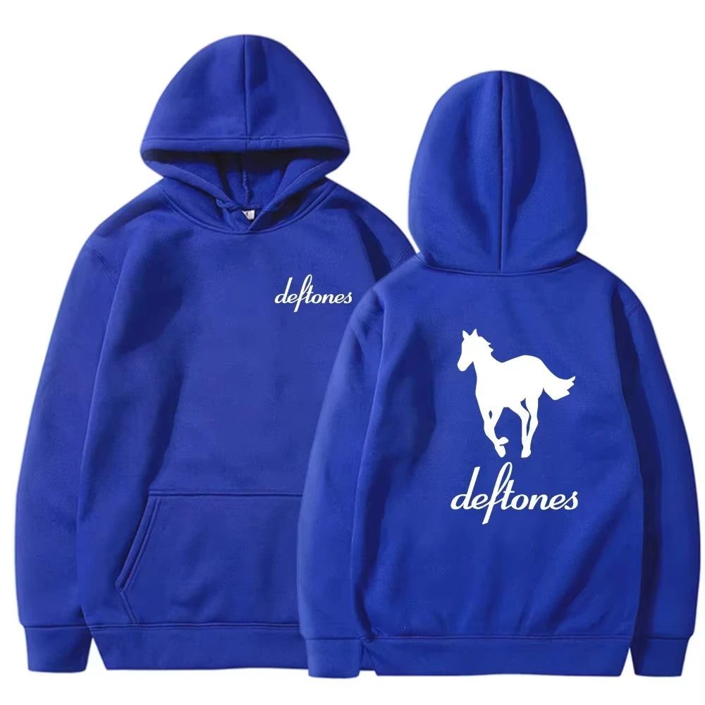 European and American fashion trend, long sleeved hooded top, men's loose hoodie Deftones white horse print