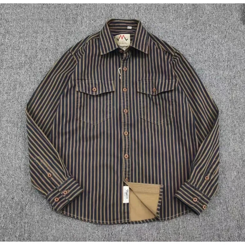 Retro Waed Distred Blue Vertical Stripe Trendy Denim irt Men's Loose American Long Sve Workwear irt Coat