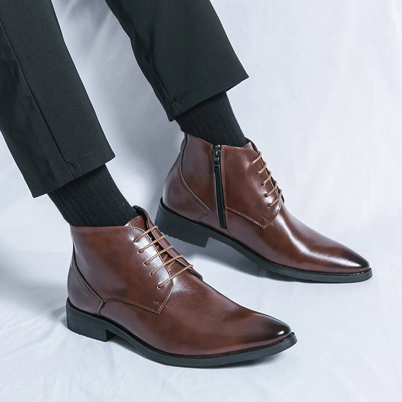 Leather Boots Men Zip Lace-up High Top British Versatile Men Fashion Business Dress Social Boots Mens Platform Casual Men Boots